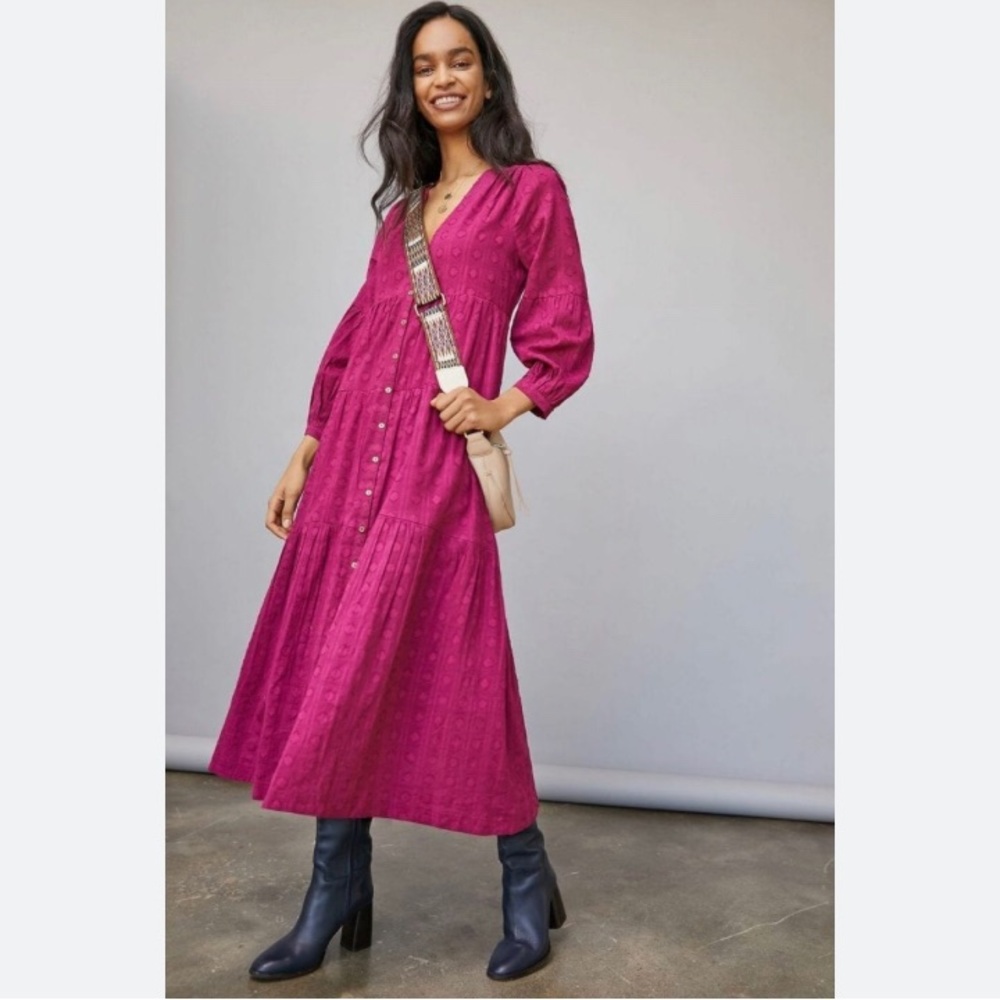 Anthropologie Button Front Tiered Maxi Dress Long Sleeve Pink Purple Sz Md